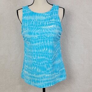 Lands' End Blue Watercolor Print Modest High Neckline Tankini Swim Top Sz 12